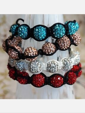 4 Adjustable White & Black Corded Rhinestone Hematite Slide Beaded Bracelets NEW